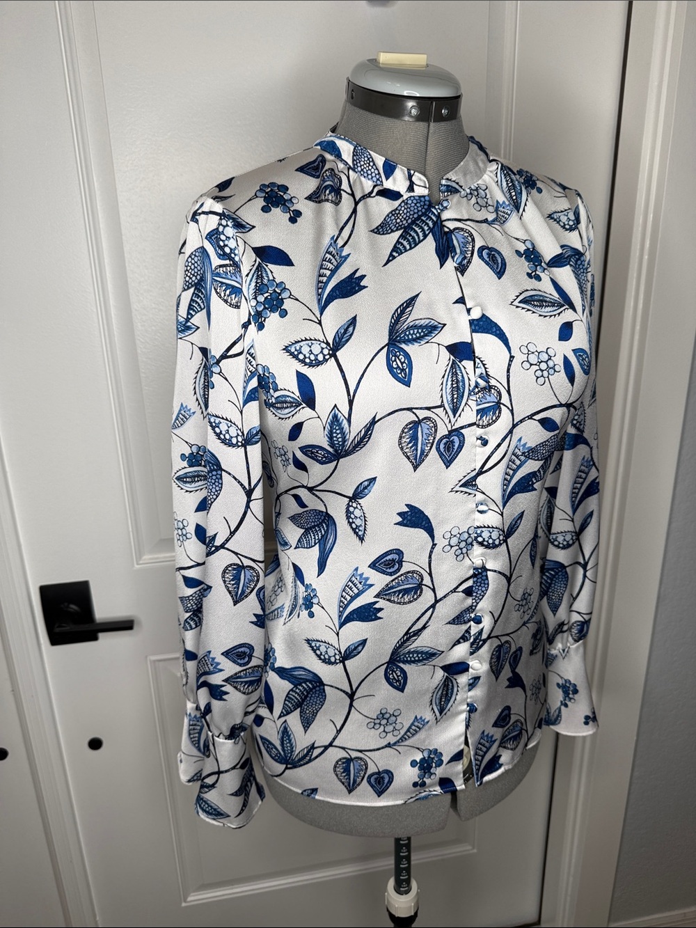 Calvin Klein White Blouse with Blue Botanical Print